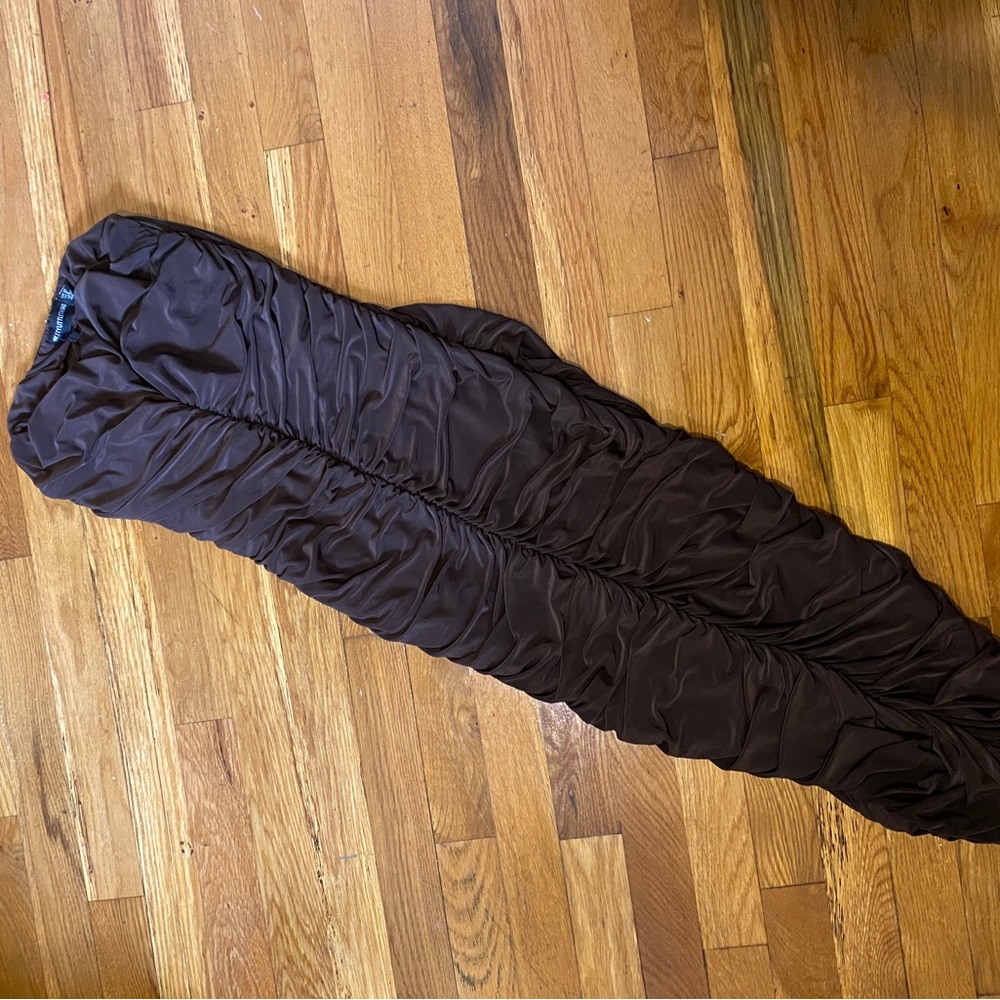 PLT silky brown ruched maxi dress